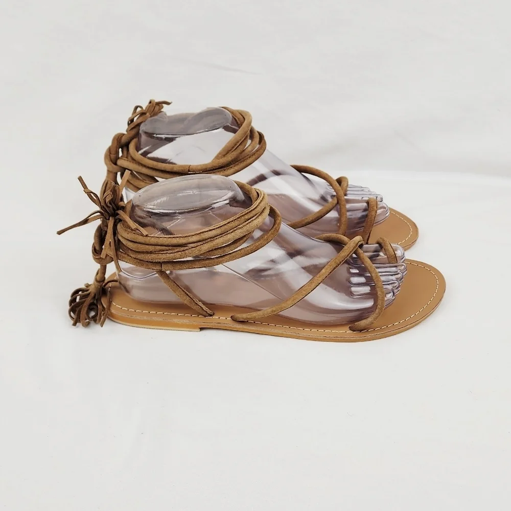 Asos Leather Strappy Lace Up Tan Sandals